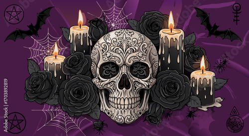 A gothic illustration of an occult altar. An ornate, decorated skull sits with black roses and lit candles. Bats, spiderwebs, and pentagrams complete the mystical witchcraft scene on a background