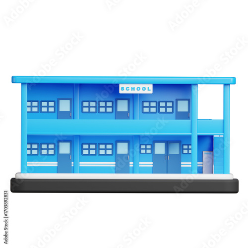 Modern 3D render of a school building isolated on a white background. This detailed icon represents education, learning, and academic institutions