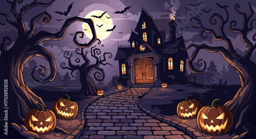 A retro video game style illustration of a spooky Halloween night. This pixel art landscape features a haunted mansion, glowing jack o' lanterns, gnarled trees, and a full moon.