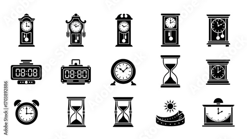 Time Machine Icon Set, Black Silhouette Clock and Watch Symbols, Minimalist Vector Collection for Timekeeping, Schedule, and Alarm Illustrations