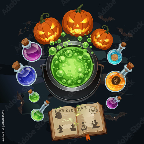 A scene of magical alchemy for a Halloween ritual. A cauldron bubbles with a mystical concoction, surrounded by a sorcerer's elixirs, spooky pumpkins, and a book of ancient runes.