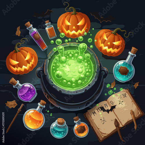 A witch's cauldron bubbles with a glowing green potion. It's surrounded by magical elixirs in glass bottles, a spellbook, and spooky jack o' lanterns in a dark, fantasy dungeon setting.