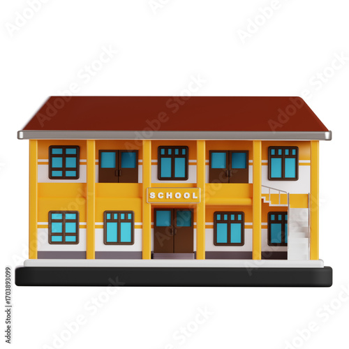 Colorful 3D cartoon school building illustration with bright yellow walls, a brown roof, and blue windows, representing education, learning, and academic progress