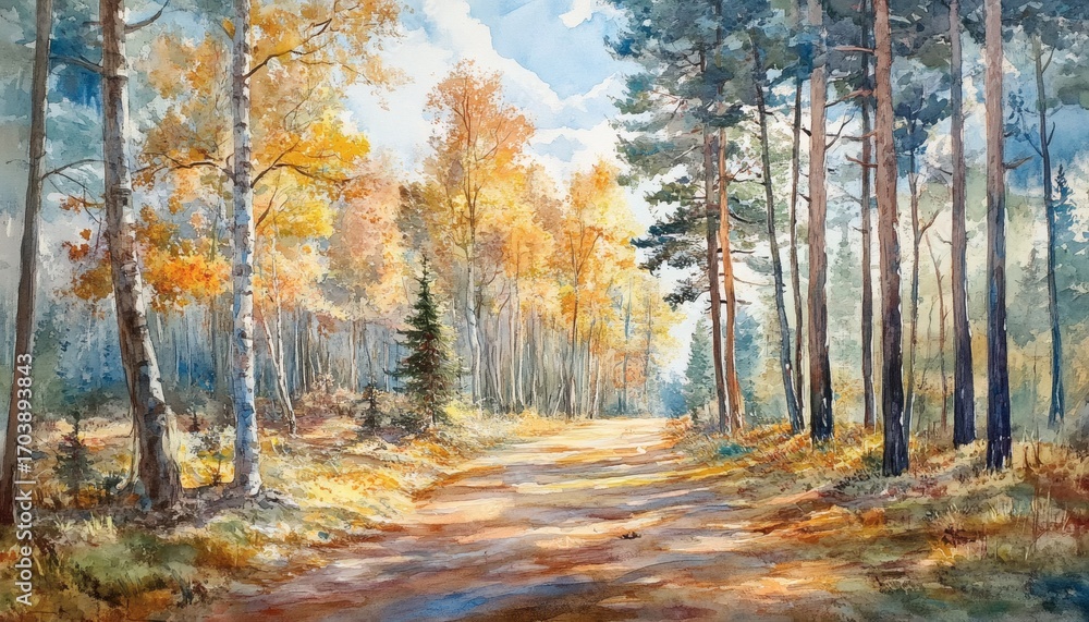 Obraz premium A watercolor painting depicts a sunlit path winding through a forest where birch and pine trees stand tall, exhibiting autumn foliage.