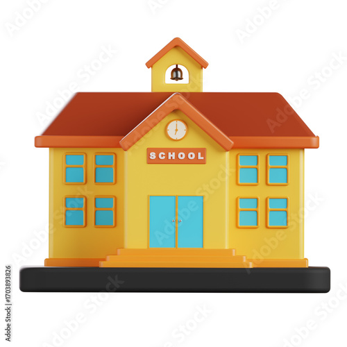 Colorful 3D school building illustration isolated on a white background. Front view of an educational institution for learning concepts