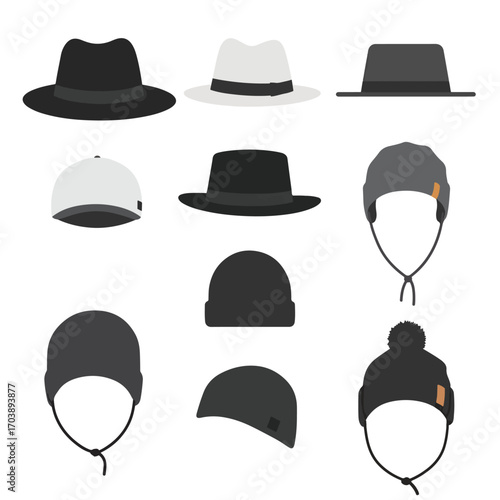 Vector Illustration Set of Hats and Headwear in Minimalist Style with Monochrome and Neutral Colors