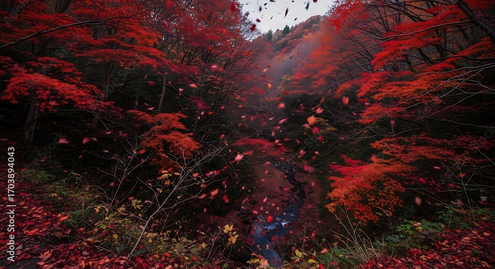Fototapeta premium Vibrant Autumn Forest Scene with Red Maple Leaves Falling into a Serene Woodland Stream and Valley