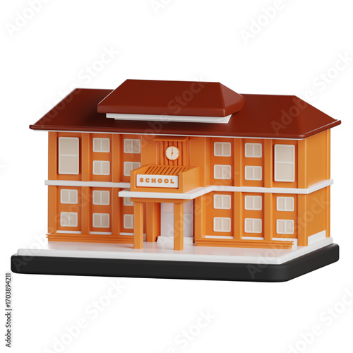 A 3D illustration of a charming, classic school building rendered in vibrant orange and brown hues, set against a clean white background, perfect for educational themes
