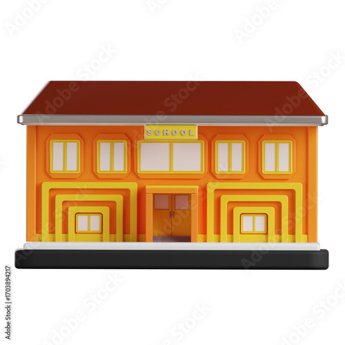 Vibrant 3D illustration of a stylized orange school building. This cartoonish educational institution is isolated on a white background