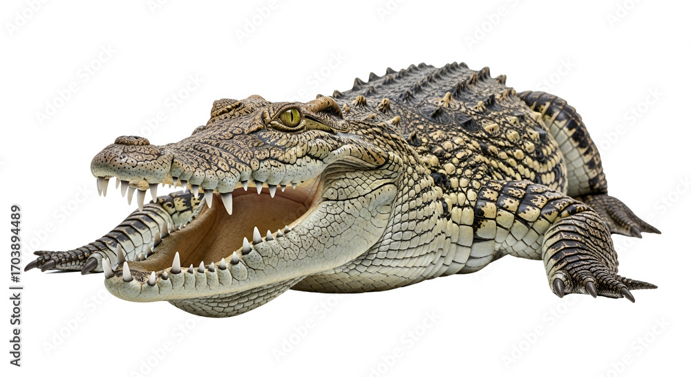 Fototapeta premium Crocodile with its mouth open isolated PNG with Transparent Background