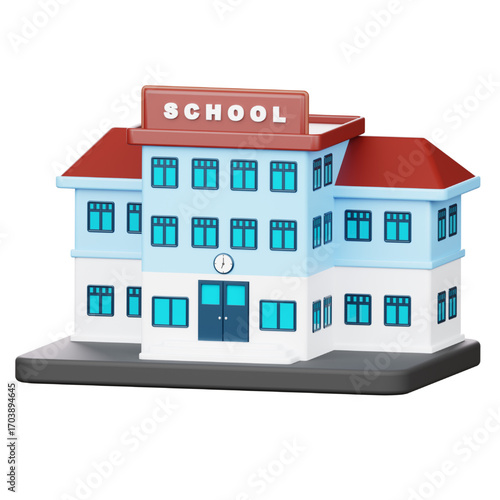 A detailed 3D illustration of a school building icon. This educational academy or university is rendered and isolated on a white background