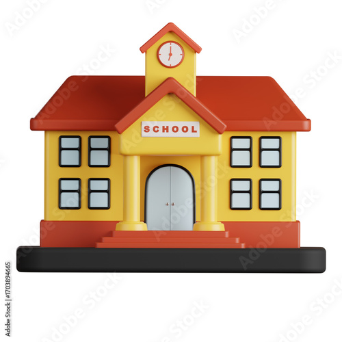A charming 3D illustration of a classic school building with a red roof, yellow facade, and a clock tower, perfect for educational and back-to-school themes