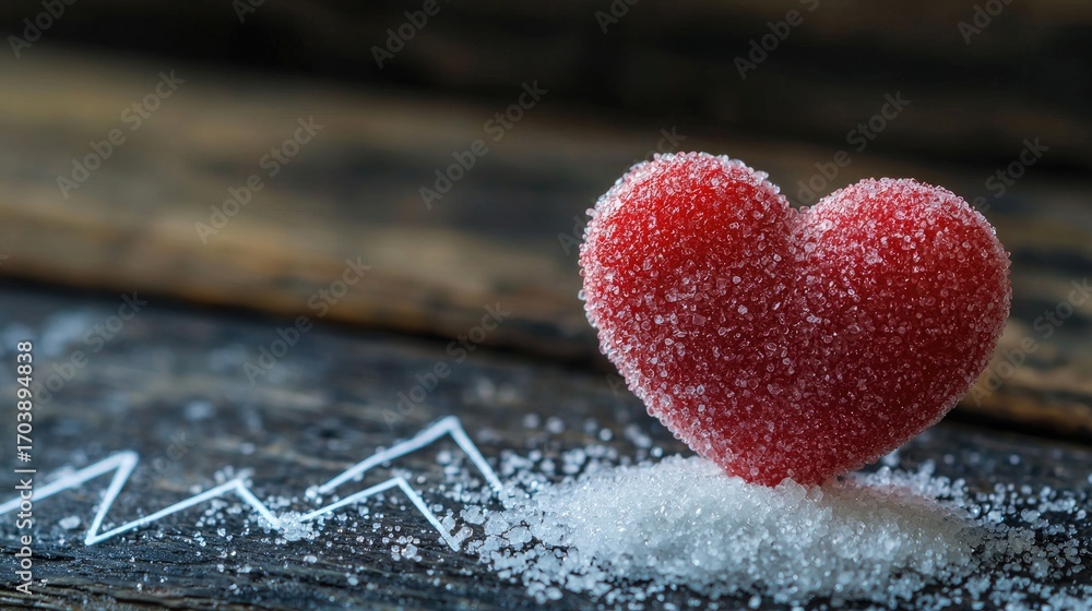 Obraz premium A red heart-shaped candy on a wooden surface with a graph in the background.