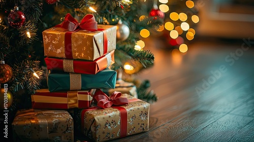 Christmas presents under a tree with lights.