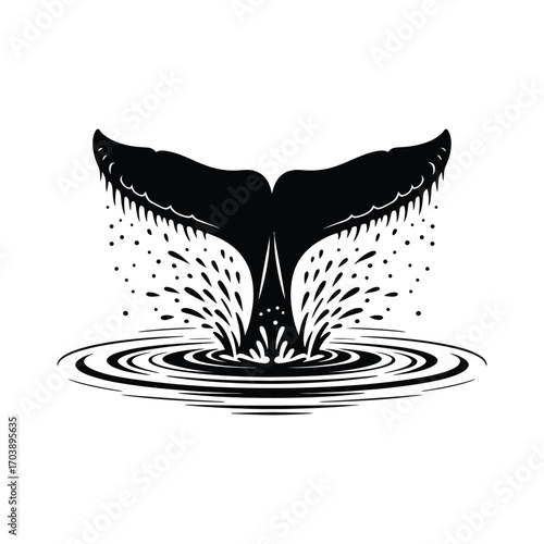 Whale Tail Silhouette Illustration with Water Splash and Ripples in Black and White Style