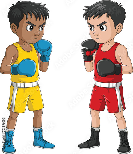 Two young cartoon boxers in red and yellow sports uniforms, standing face to face ready to fight, boxing competition artwork, cad drawing flat vector illustration