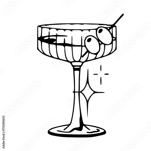 retro martini glass line art with sparkles