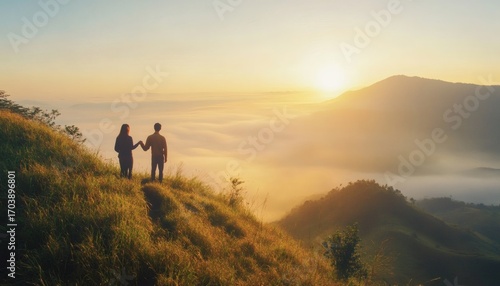 Two people stand on a grassy mountain, holding hands and looking out at a sunlit valley covered in fog.