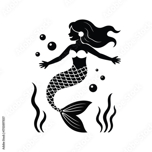 Mermaid Silhouette Illustration with Bubbles and Seaweed in Black and White Style