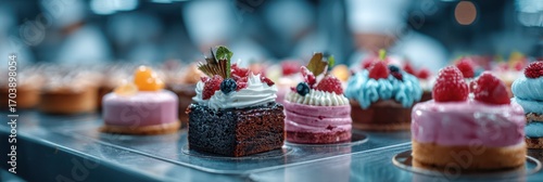 Obraz  z motywem Variety of colorful desserts displayed in a bakery, showcasing cakes and pastries with vibrant toppings