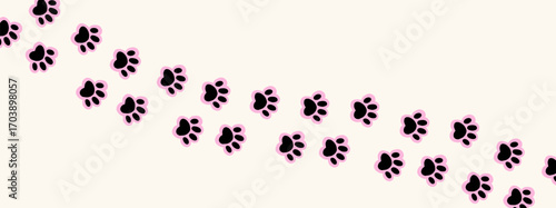 Pink puppy footprint and cat paw step for an animal background or pet vector design. This charming illustration features soft pastel pawprints for creating cute backgrounds or playful pet-themed patte