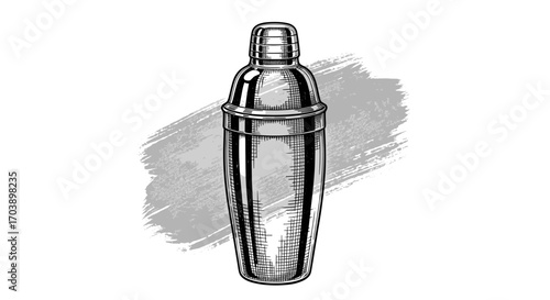 Black and white engraving sketch of cocktail shaker on metallic gray brush stroke, isolated on white background, vintage etching vector illustration