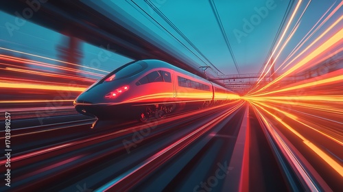 Sleek High-Speed Train Surging Through Dynamic Geometric Backdrop