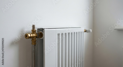 Wallpaper Mural Close-up of a white radiator against a white wall.  Brass valves and pipes are visible Torontodigital.ca