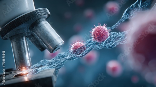 Wallpaper Mural A microscope focuses on vibrant cells and DNA strands in a laboratory. The scene captures the essence of scientific research and discovery during an investigation. Torontodigital.ca