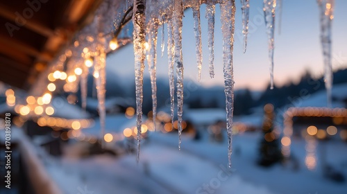 Wallpaper Mural Sparkling icicles hanging from a roof, with a blurred snowy landscape and Christmas lights in the background, copy space Torontodigital.ca
