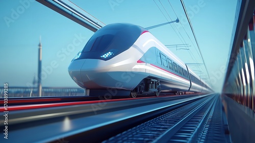 Sleek High-Speed Train Surging Through Dynamic Geometric Backdrop