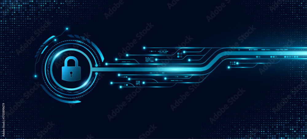 Digital tech panel with lock symbol, glowing HUD circle and computer circuit board. Data security backdrop for UI and GUI design. Futuristic touch screen button for user interface. Vector illustration