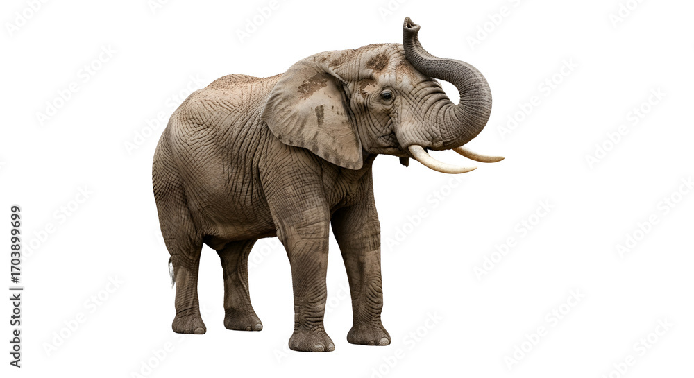 Obraz premium African elephant raising its trunk isolated PNG with Transparent Background