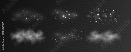 Set of abstract white glares bokeh and glowing particles with snowy fog effect. Cold mist with snow dust for fantasy scenes or Christmas concept. Light effects for your design. Vector illustration.
