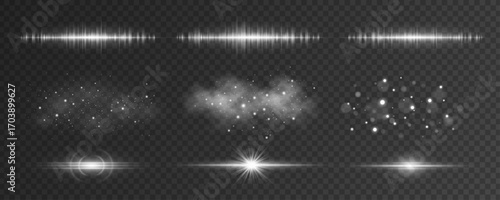 Set of white light effects on a transparent background. Abstract sparkling flash, glares bokeh and glowing particles with fog effect. Radiance rays of star and vibrating equalizer glow. Vector.