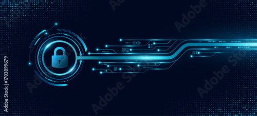 Digital tech panel with lock symbol, glowing HUD circle and computer circuit board. Data security backdrop for UI and GUI design. Futuristic touch screen button for user interface. Vector illustration