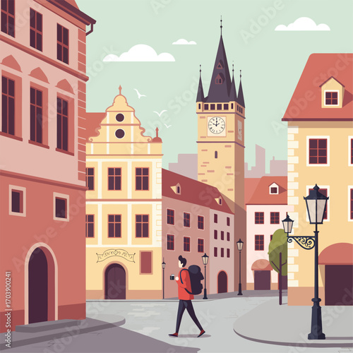 Vector Illustration of Cityscape with Historic Buildings and Pedestrian in Modern Minimalist Style with Warm Earth Tone Colors