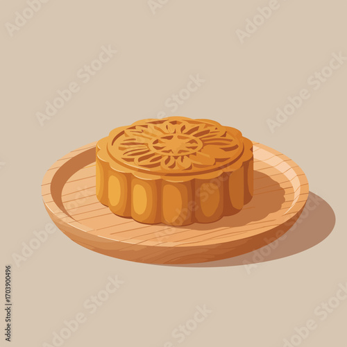 Vector Illustration of Mooncake with Lotus Seed Filling in Modern Organic Style with Warm Brown and Beige Colors for Food Packaging and Culinary Branding