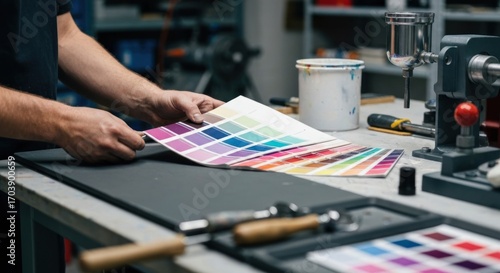 Close-up of hands reviewing color swatches on a workbench in a workshop
