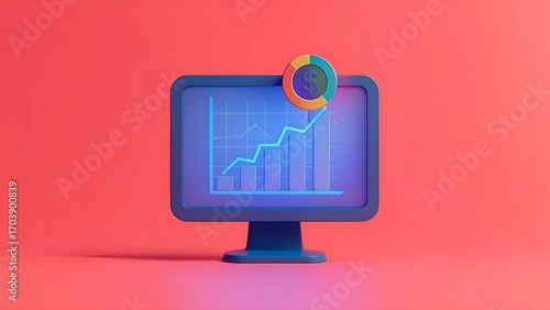 Computer monitor with business graph on technology abstract background background. 3D rendering.