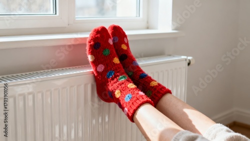 Red socks on radiator by window