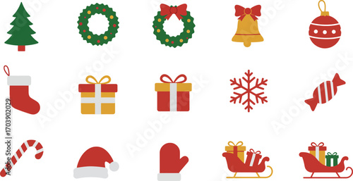 Christmas Icons Set - Color Vector Pack Tree Wreath Gift Bell Ornament Snowflake