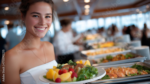 Brunch Buffet Contentment: Friends in a restaurant smiling over a buffet spread with a fruit plate a mimosa glass and a bright dining area. high quality photo ultra high detail