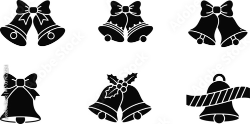 Christmas Bells Glyph Icons Set - Black Silhouette with Bows and Holly, Vector Clipart