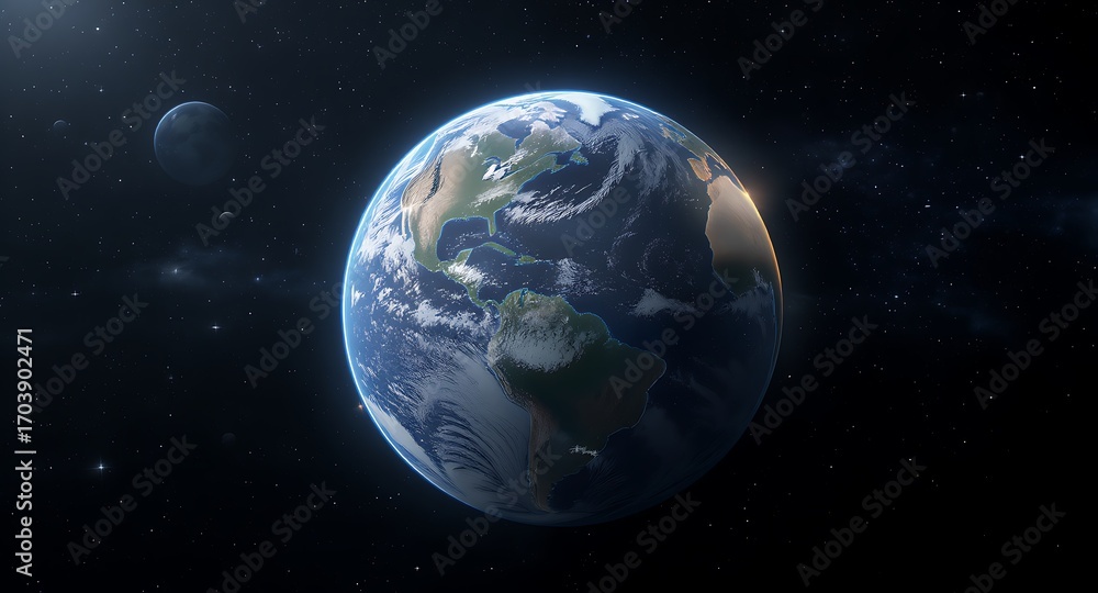 Naklejka premium Vibrant Planet Earth with Moon in Distant Cosmos, Global View from Space, Science and Environmental Concept