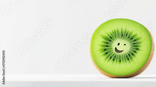Fresh kiwi slice with cheerful smiley face, showcasing vibrant green color and unique texture, perfect for adding fun to healthy eating