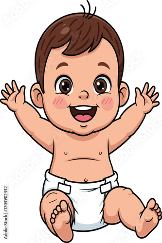 Happy baby cartoon, joyful expression, white diaper, sitting pose, playful child, bare feet, rosy cheeks, cute toddler, infant illustration, excitement