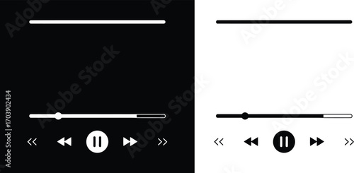Media Player Controls UI - Play Pause Progress Bar Minimal Black and White Vector