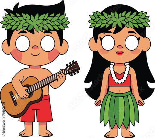 Hawaiian children cartoon, traditional costume, tropical dance, island culture, acoustic guitar, leafy headband, grass skirt, Polynesian style, joyful expression, barefoot