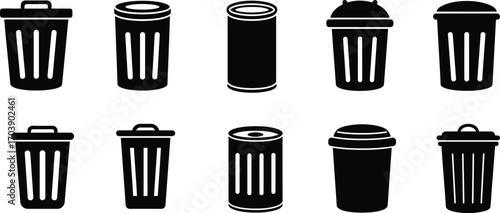 Trash Can Icons Set - Garbage Bin and Waste Basket Black Glyph Vector